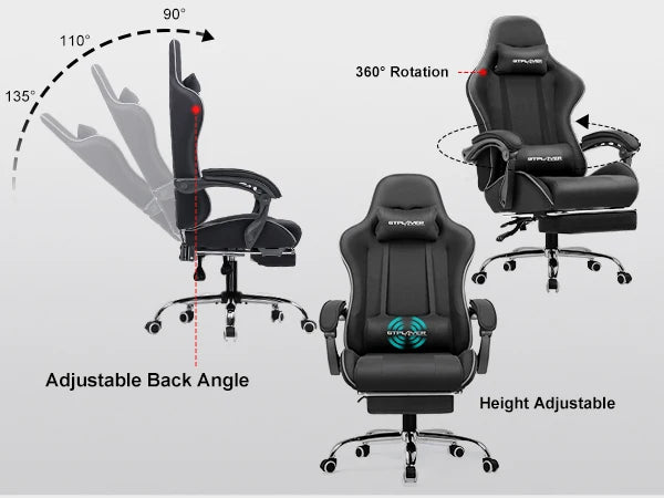 GTPLAYER Gaming Chair with Footrest, Lumbar Support, Headrest for Office or Gaming