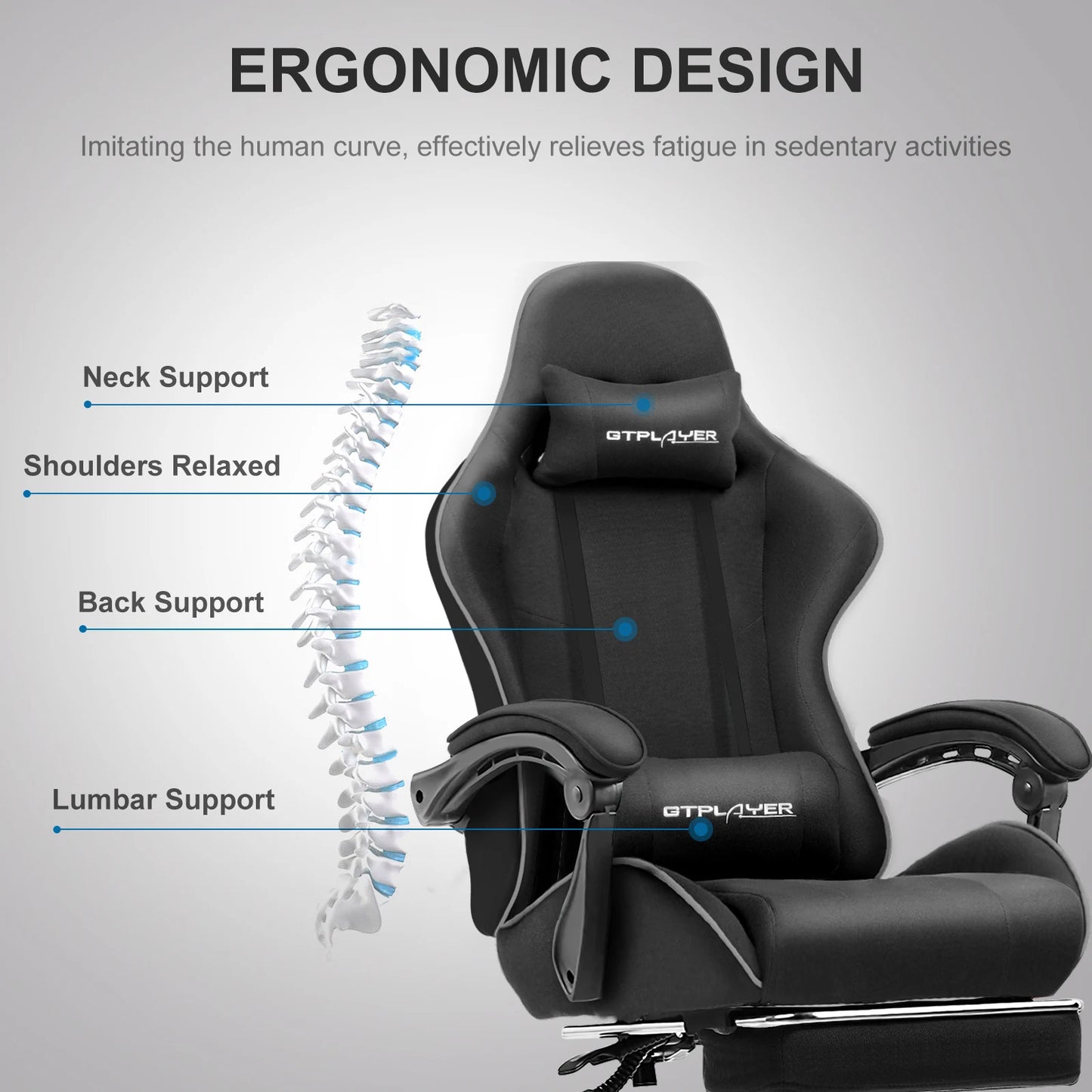 GTPLAYER Gaming Chair with Footrest, Lumbar Support, Headrest for Office or Gaming