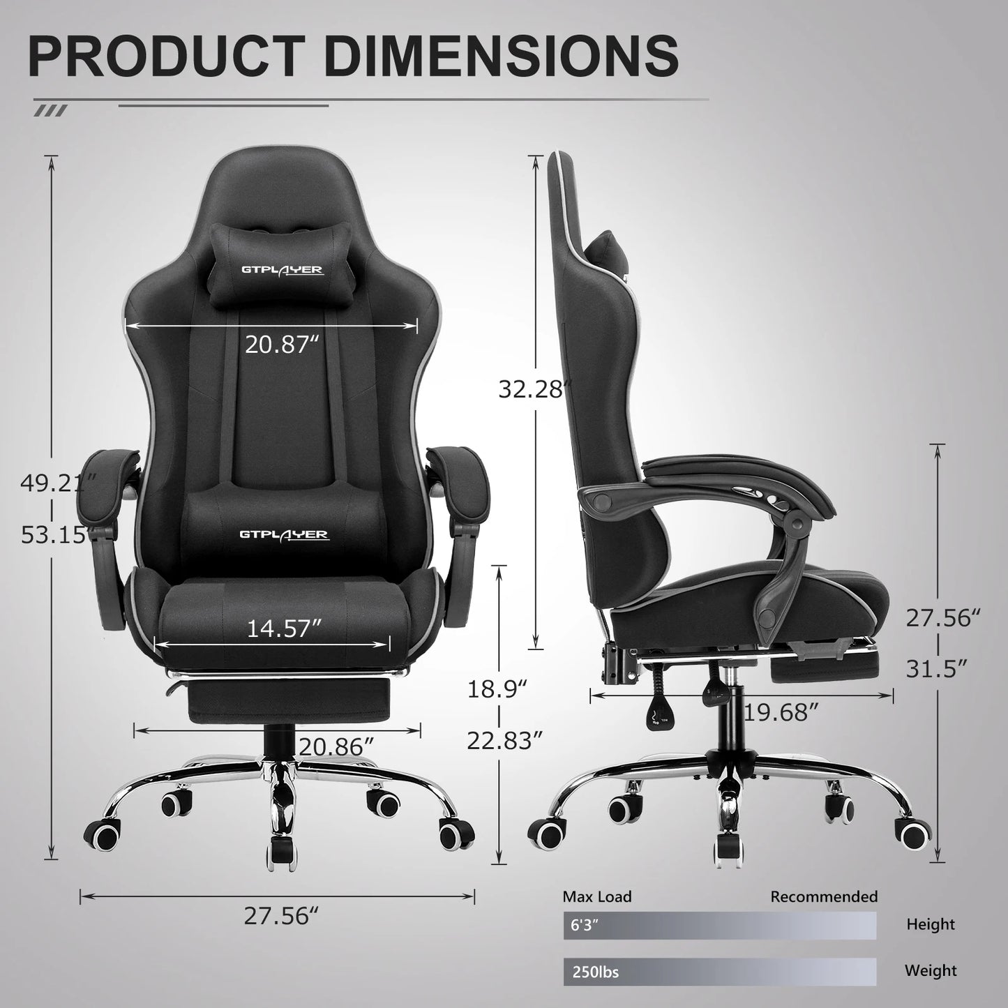 GTPLAYER Gaming Chair with Footrest, Lumbar Support, Headrest for Office or Gaming