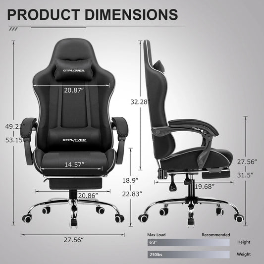 GTPLAYER Gaming Chair with Footrest, Lumbar Support, Headrest for Office or Gaming