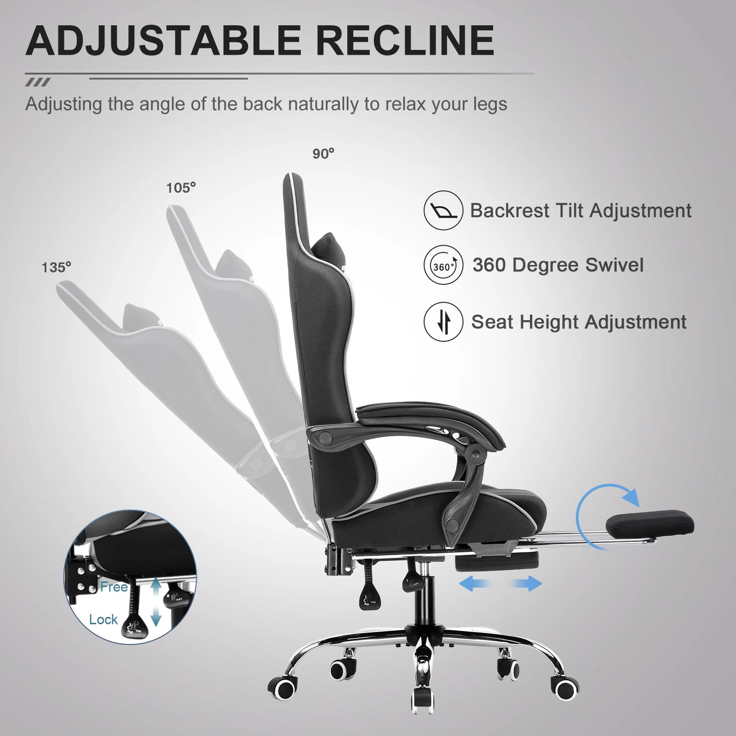 GTPLAYER Gaming Chair with Footrest, Lumbar Support, Headrest for Office or Gaming
