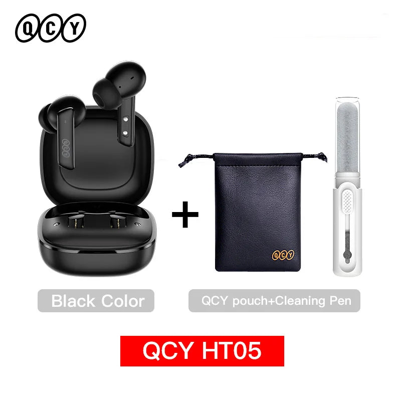 QCY HT05 black true wireless earbuds with charging case pouch and cleaning pen Bluetooth 5.2 noise cancelling earphone