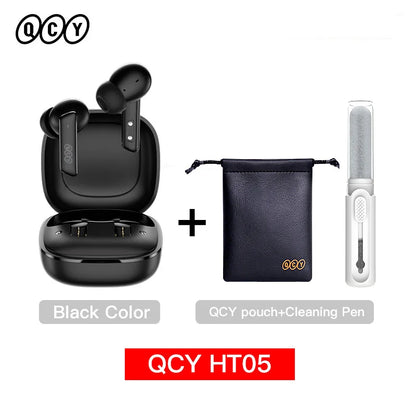 QCY HT05 black true wireless earbuds with charging case pouch and cleaning pen Bluetooth 5.2 noise cancelling earphone