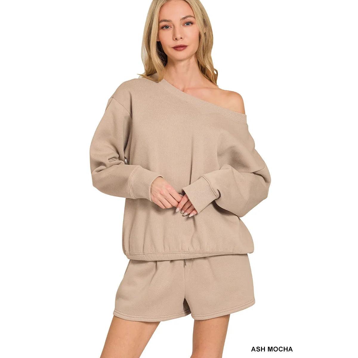 Zenana Fleece Boat Neck Sweatshirt and Shorts Set