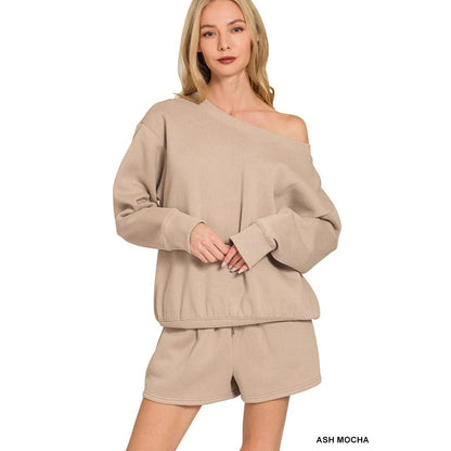 Zenana Fleece Boat Neck Sweatshirt and Shorts Set