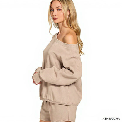 Zenana Fleece Boat Neck Sweatshirt and Shorts Set