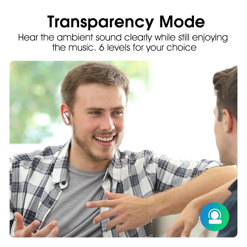 Shophouse Northwest Bluetooth 5.2 noise cancelling earphone earbuds in transparency mode worn by smiling man