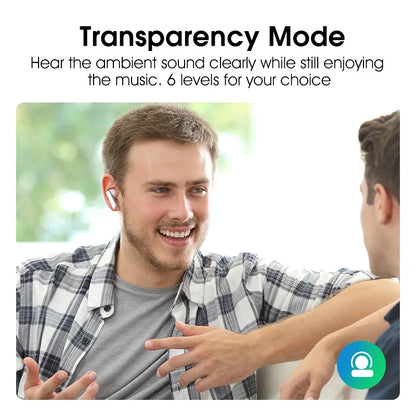 Shophouse Northwest Bluetooth 5.2 noise cancelling earphone earbuds in transparency mode worn by smiling man