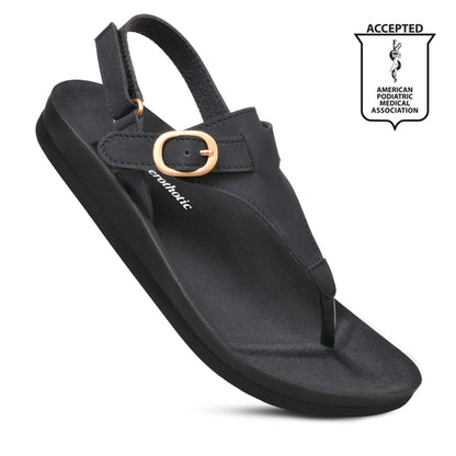 Aerothotic open toe sandals in black with adjustable buckle and podiatrist-approved design
