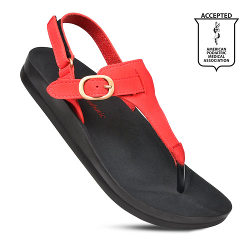 Aerothotic open toe sandals in red with adjustable strap and podiatric approval for comfort and support