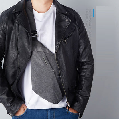 Stylish anti-theft crossbody shoulder bag worn by a person in a black leather jacket