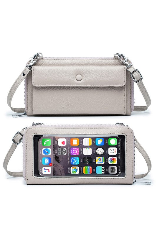 Shophouse Northwest genuine leather phone wallet crossbody in light gray with clear phone window and front pocket