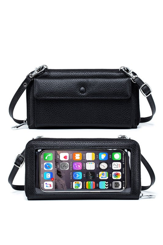 Shophouse Northwest black genuine leather phone wallet crossbody with clear phone window and snap pocket