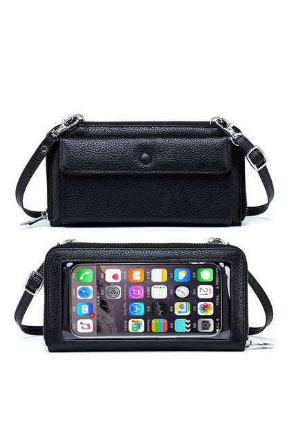 Shophouse Northwest black genuine leather phone wallet crossbody with clear phone window and snap pocket