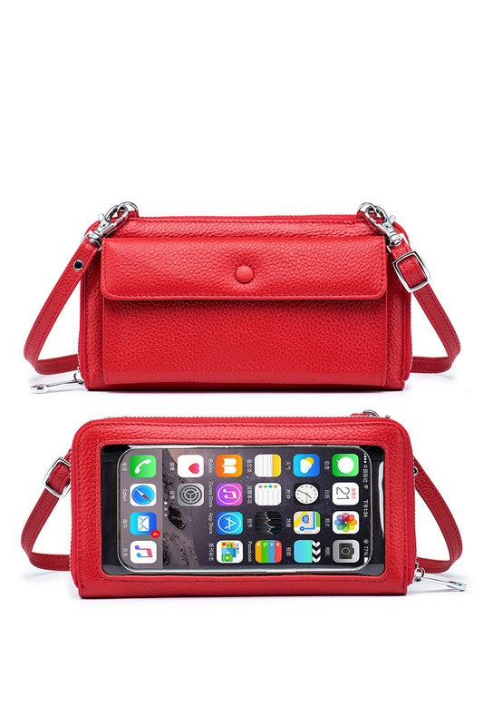 Shophouse Northwest red genuine leather phone wallet crossbody with front snap pocket and clear phone window