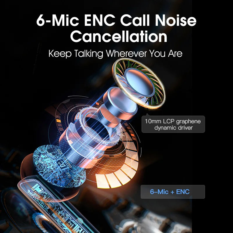 Earbuds showcasing 10mm LCP graphene driver and 6 Mic ENC for clear calls Bluetooth 5.2 noise cancelling earphone