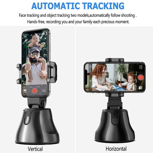 Black auto tracking selfie holder with vertical and horizontal shooting modes for hands-free recording