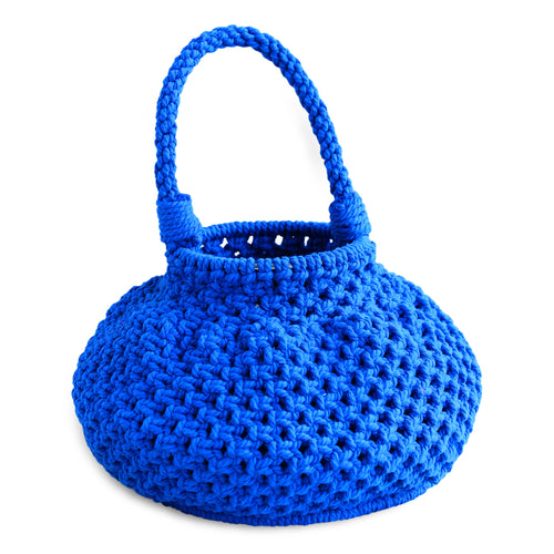 Azure blue macrame bucket bag with a unique woven design and sturdy handle for stylish storage