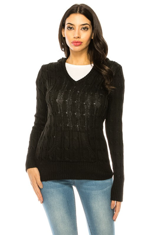 Shophouse Northwest black cable knit hoodie sweater plus size V neck long sleeve casual pullover