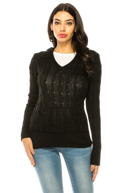 Shophouse Northwest black cable knit hoodie sweater plus size V neck long sleeve casual pullover