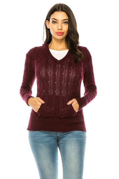 Shophouse Northwest maroon V neck knit hoodie sweater plus size with kangaroo pocket and cable knit detail