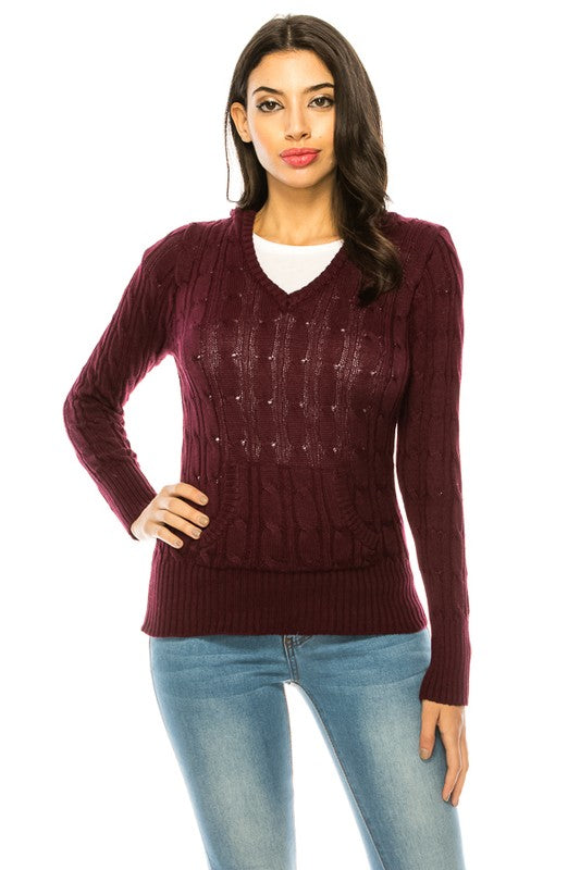 Shophouse Northwest burgundy cable knit hoodie sweater plus size v neck long sleeve casual pullover