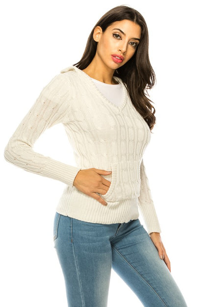 Shophouse Northwest knit hoodie sweater plus size cream cable knit V neck with kangaroo pocket and ribbed hem