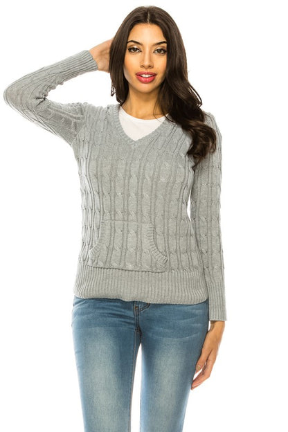 Shophouse Northwest grey cable knit hoodie sweater plus size v neck long sleeve casual pullover