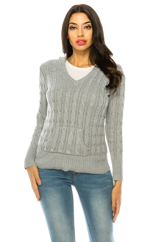 Shophouse Northwest gray cable knit hoodie sweater plus size on model front view with kangaroo pocket and ribbed hem