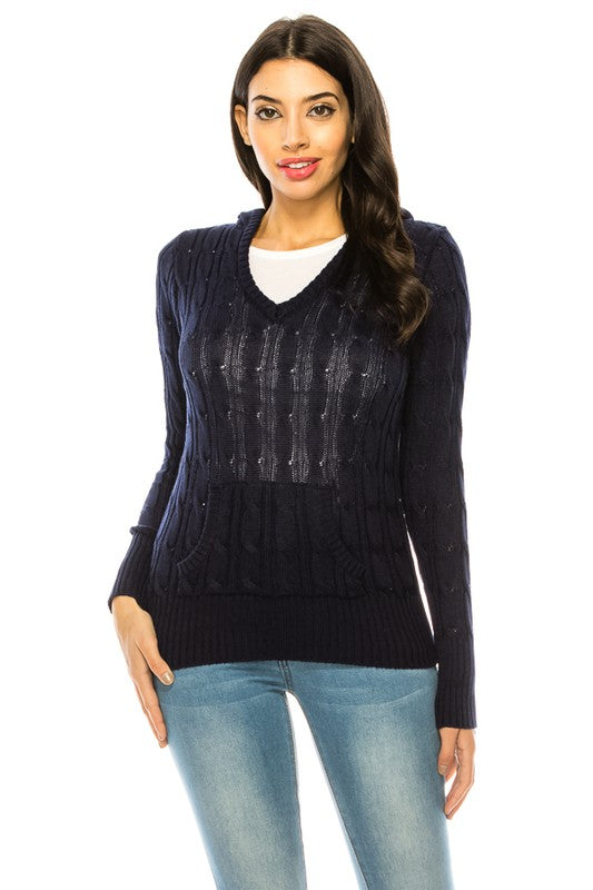 Shophouse Northwest navy cable knit hoodie sweater plus size v neck pullover with front pocket