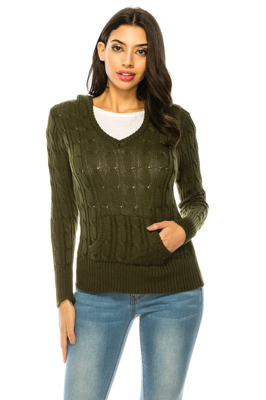 Shophouse Northwest olive green cable knit hoodie sweater plus size V neck with kangaroo pocket