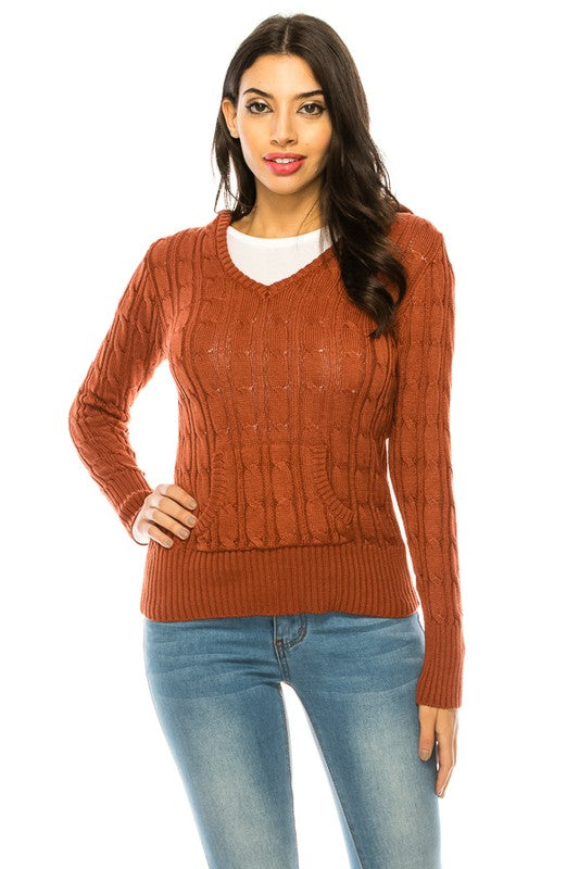 Shophouse Northwest rust cable knit hoodie sweater plus size V neck layered over white tee on model