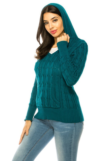 Shophouse Northwest teal cable knit hoodie sweater plus size on model wearing hood long sleeves and jeans