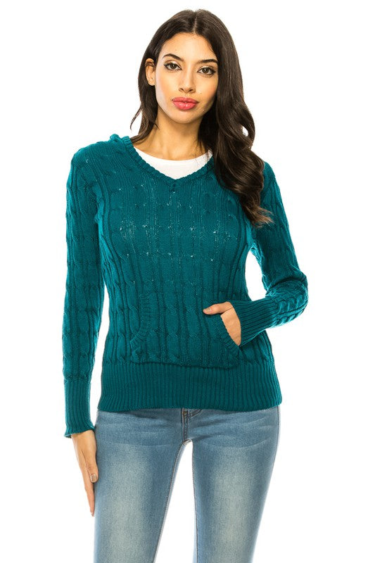 Shophouse Northwest teal cable knit hoodie with kangaroo pocket and ribbed hem worn with jeans knit hoodie sweater plus size