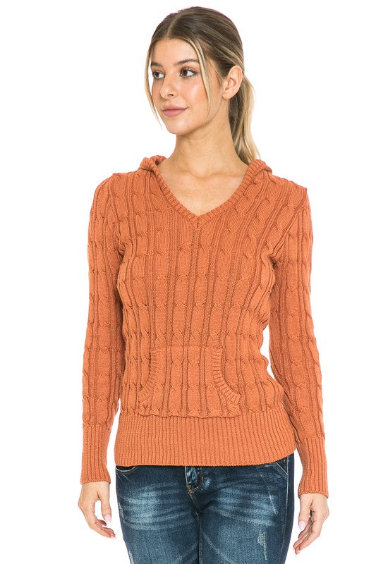 Shophouse Northwest rust cable knit hoodie sweater plus size V neck pullover with pouch pocket and ribbed hem