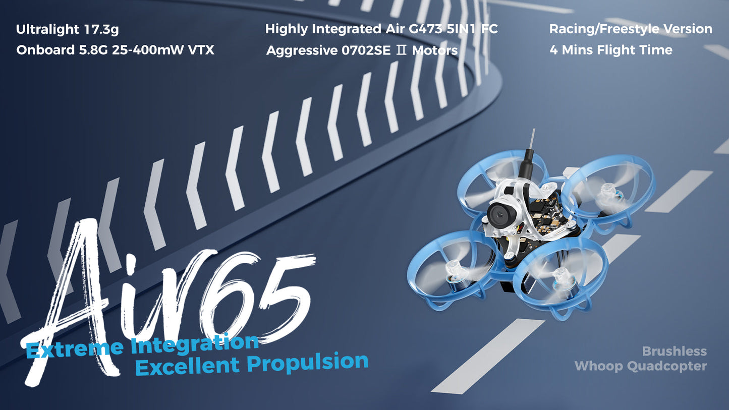 BETAFPV Air65 racing drone in blue with ultralight design and powerful motors for speed and agility