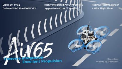 BETAFPV Air65 racing drone in blue with ultralight design and powerful motors for speed and agility