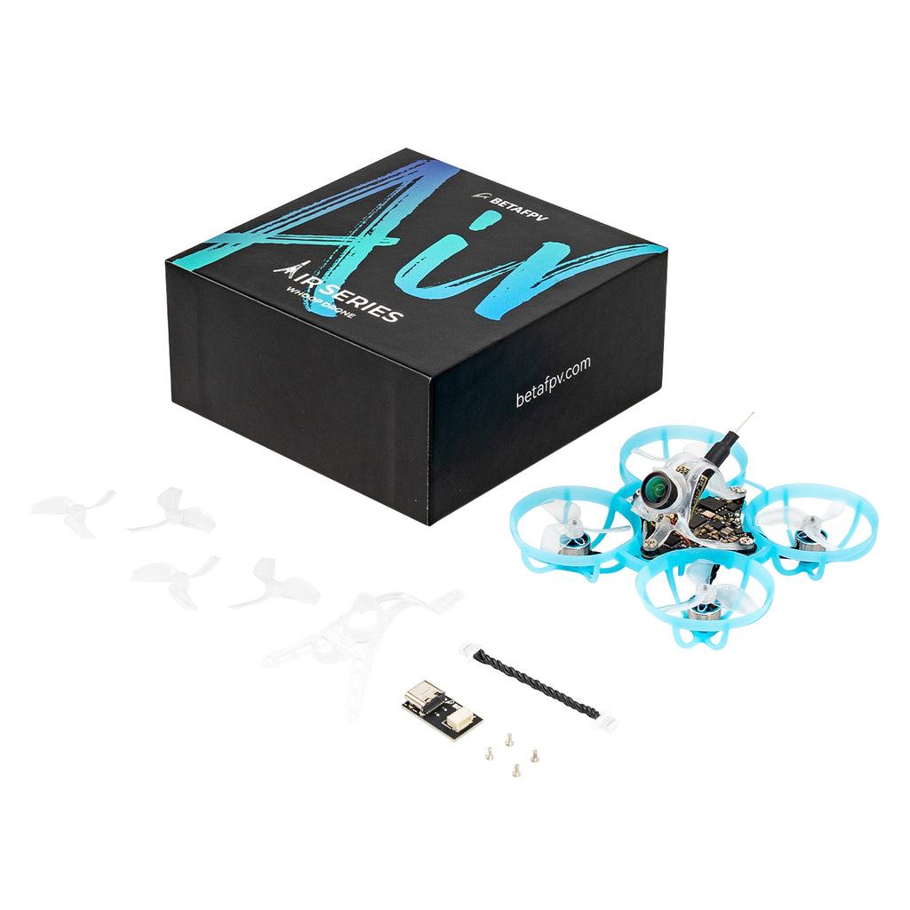 BETAFPV Air65 racing drone with accessories, including propellers and a remote control receiver