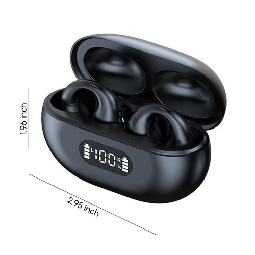Bluetooth open ear clip earbuds in charging case with digital display for easy battery monitoring