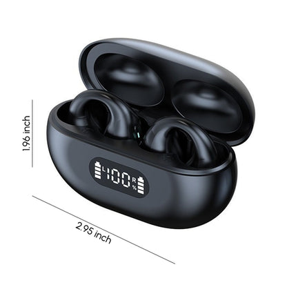 Bluetooth open ear clip earbuds in charging case with digital display for easy battery monitoring