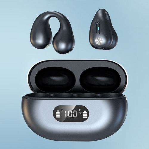 Bluetooth open ear clip earbuds in a charging case with LED battery display for convenient use