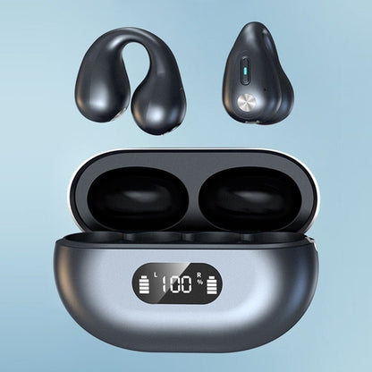 Bluetooth open ear clip earbuds in a charging case with LED battery display for convenient use