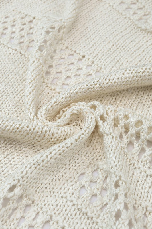 Shophouse Northwest crochet dolman cardigan in cream with lace diamond panels and soft drape