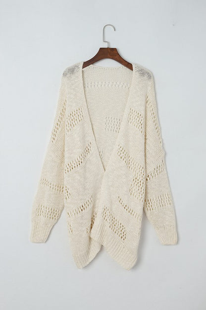 Shophouse Northwest crochet dolman cardigan in ivory open front knit with chevron lace panels and relaxed drape