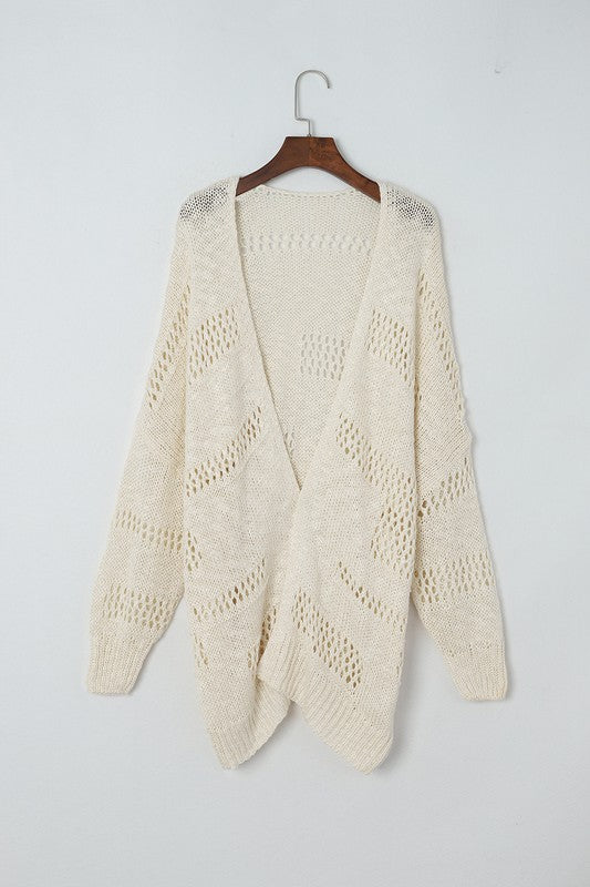 Shophouse Northwest crochet dolman cardigan in ivory open front knit with chevron lace panels and relaxed drape