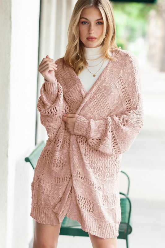 Shophouse Northwest blush crochet dolman cardigan on model oversized textured knit long sleeves wrap front