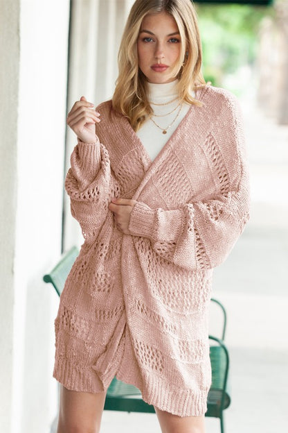 Shophouse Northwest blush crochet dolman cardigan on model oversized textured knit long sleeves wrap front