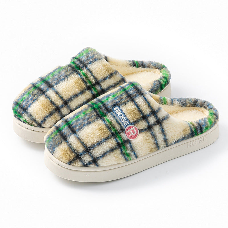 Cozy plush warm plaid cotton slippers featuring a soft design and comfortable fit for indoor use