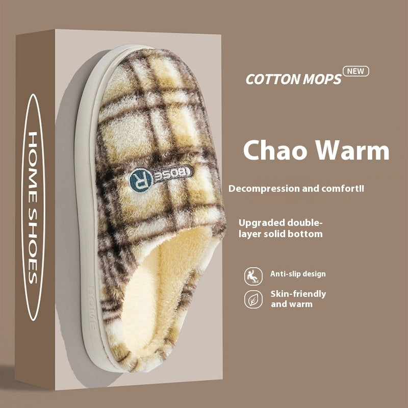 Plush warm plaid cotton slippers with anti-slip design and skin-friendly material for comfort