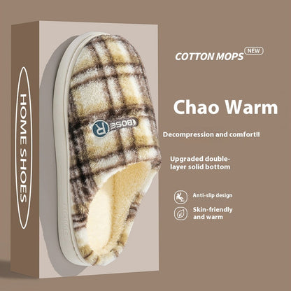 Plush warm plaid cotton slippers with anti-slip design and skin-friendly material for comfort